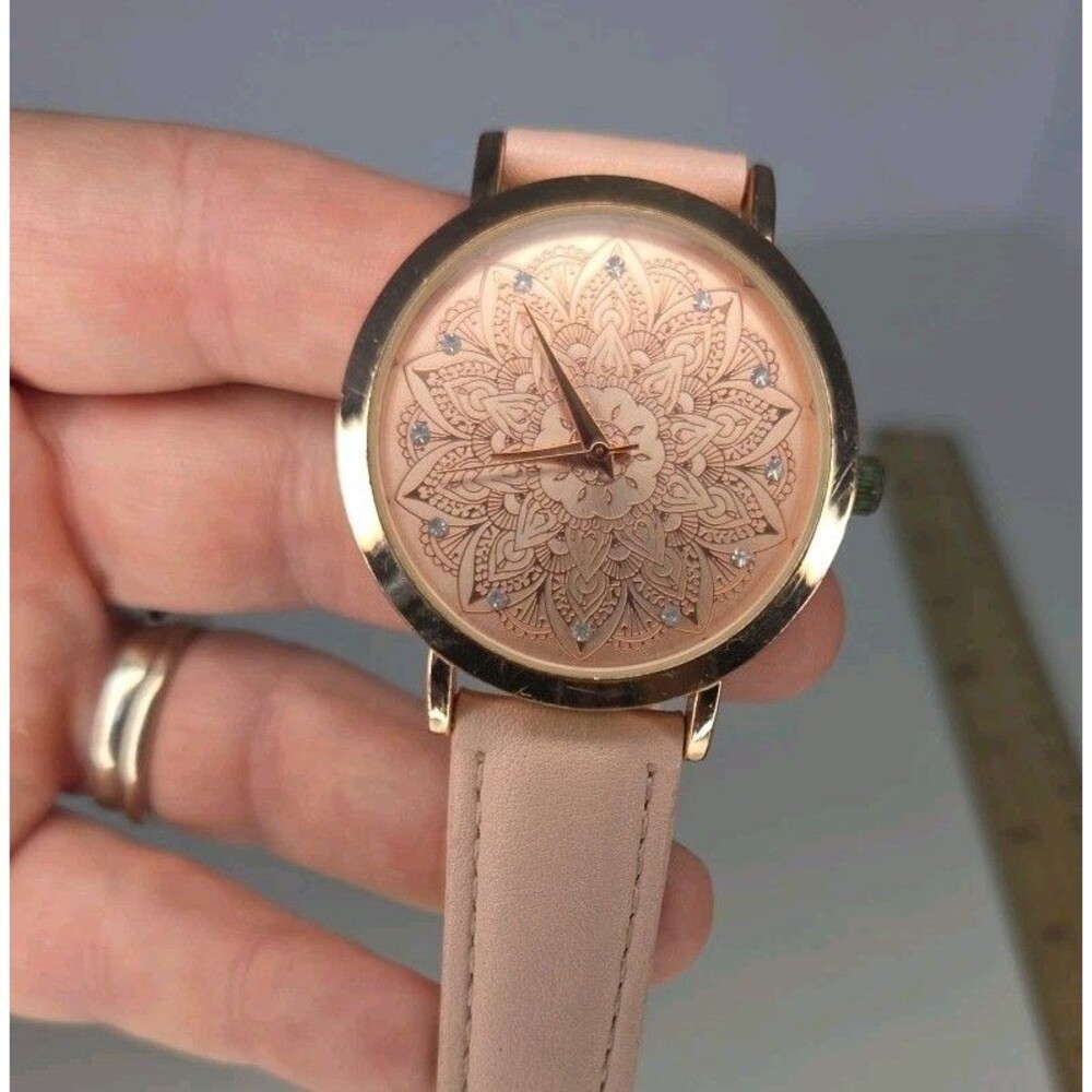 Accutime pink leather band Rose gold tone casing pink face Crysta flower detail